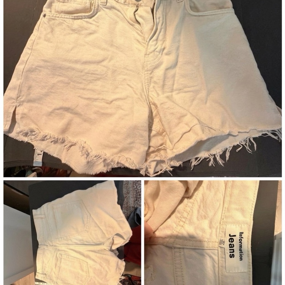 Reformation Cream Raw-Hem High-Rise Denim Shorts